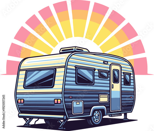 Nostalgic retro caravan parked against a vibrant stylized sunset with radiant beams of light graphic art style