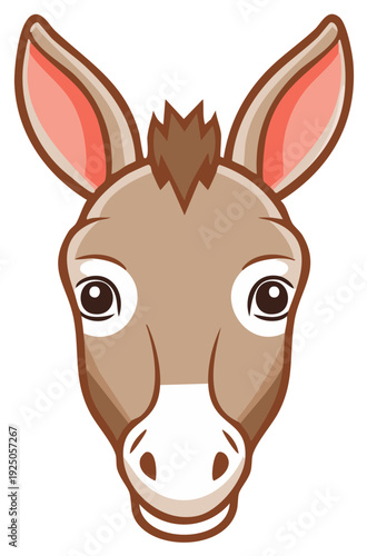Cartoon Donkey Face with Large Ears, Friendly Expression and Brown and White Details