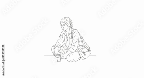 A contemplative woman sits with a bag and a drink, wearing a headscarf