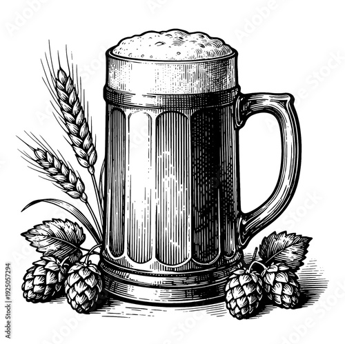 Antique beer stein and hops etching illustration for vintage Oktoberfest brewery concept