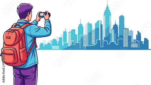Observational and modern photographer capturing a panoramic view of a distant city skyline with his smartphone during an urban exploration clean vector art