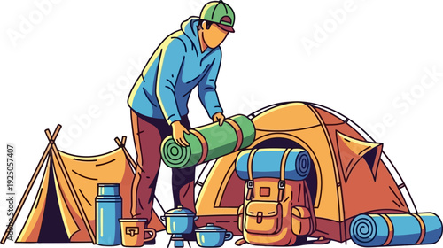 Organized camper in a blue hoodie arranging his gear and sleeping mat inside a spacious orange tent in a wilderness setting