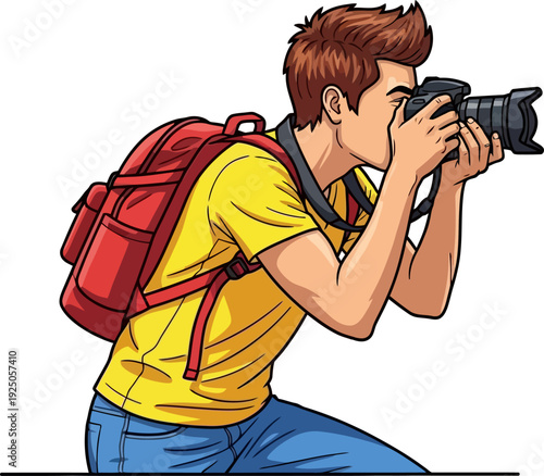 Passionate nature photographer focusing his camera to capture the perfect landscape shot in a dynamic and professional vector illustration