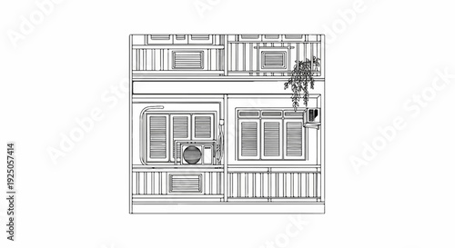 A sketch of a building facade with multiple windows and an air conditioner