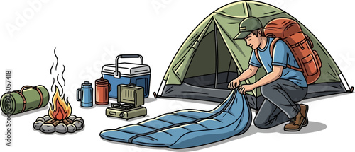 Organized camper arranging essential survival equipment and a sleeping bag outside a green tent in a tidy campsite in a clean graphic illustration