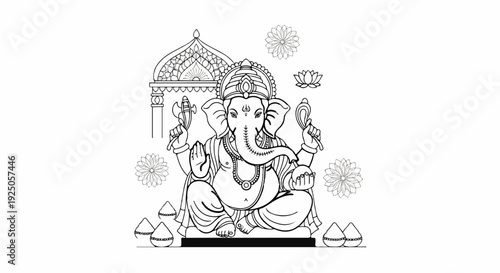 A black and white line drawing depicts a seated elephant-headed deity with offerings