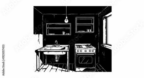A stark, minimalist kitchen illustration featuring a sink, stove, and shelves