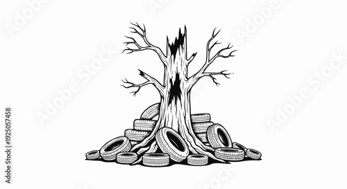 A stark, stylized drawing of a dead tree trunk surrounded by stacked, worn tires