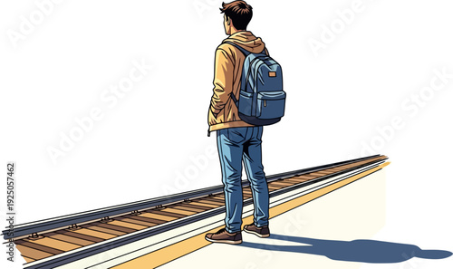 Patient backpacker standing on an empty train platform while looking down the tracks in anticipation of his next arrival