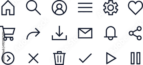 Web interface icon set. Includes home, search, user, settings, heart, shopping cart, download, email, notification, share, play, pause, and more symbols. Created in line style with black and