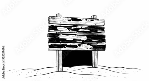 A wooden signpost with weathered planks stands on sandy ground