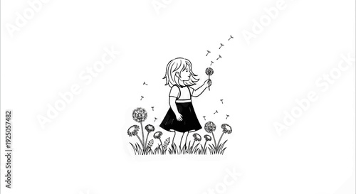 A young girl in a dress blows a dandelion in a field of flowers