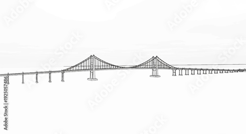 A black and white sketch of a long suspension bridge over water