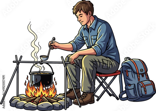 Patient camper sitting on a folding stool while stirring a simmering pot over a stone campfire in the wild cartoon style