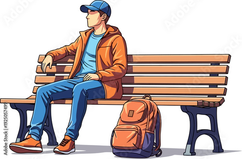 Patient traveler in an orange jacket and cap sitting on a wooden park bench with his backpack while waiting for a connection