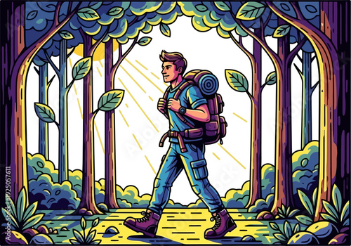 Peaceful wanderer strolling through a lush forest illuminated by golden sunbeams