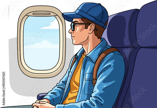 Pensive passenger gazing out of an aircraft window at the soft clouds during a long-haul international flight