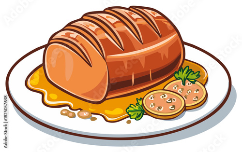 Delicious Cartoon Roasted Meatloaf Slices with Mushroom Gravy and Parsley Garnishes on Platter Ready to Serve