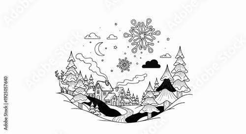 Whimsical winter village with deer, trees, moon, snowflakes, and stars