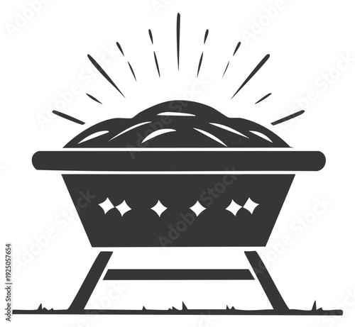 Silhouette illustration of a manger with hay and radiant beams of light, for Christmas.