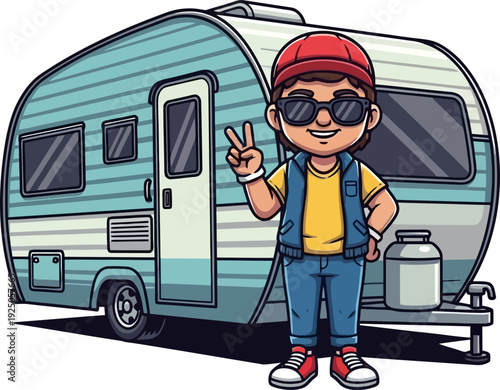Playful young traveler wearing sunglasses and a red cap giving a peace sign in front of a blue caravan illustration