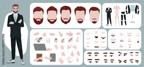 Business man avatar creation suitable for animation. Generator, constructor of diverse views of face, body, hands and leg parts. Male character construction for comfortable fast motion design.
