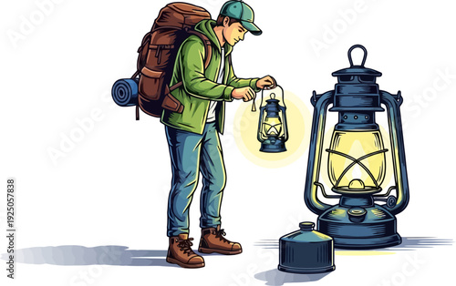Pristine and illuminating scene of a camper preparing his lighting equipment with vintage oil lanterns in a quiet nocturnal setting clean vector illustration