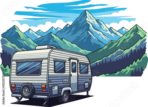 Pristine classic silver camper trailer parked in front of a breathtaking jagged mountain range under a clear sky scenic vector art