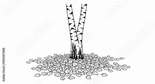 Two slender trees with black and white bark sprout from a pile of fallen leaves