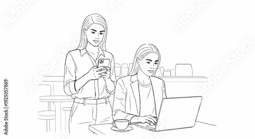 Two women collaborate in a cafe with a laptop and phone