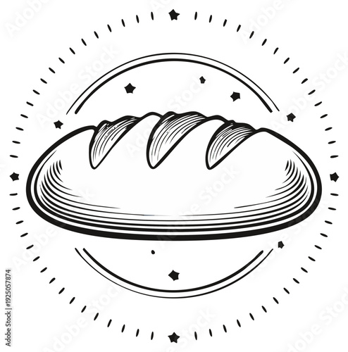 Loaf of bread depicted with elegant engraving in a circular emblem radiating a vintage baker's style ideal for food related visuals