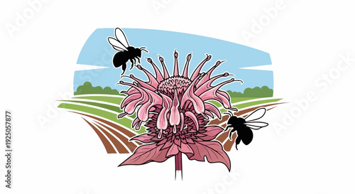 Two bees gather nectar from a vibrant pink flower in a field