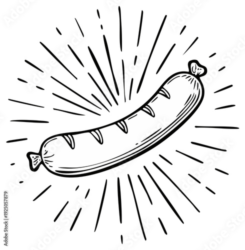 Vintage Style Sausage Illustration with Sunburst Effect