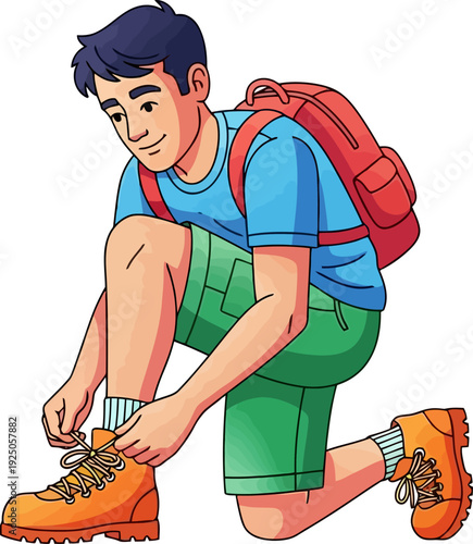 Proactive hiker securing his orange trekking boots before a challenging ascent