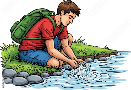 Pristine moment of a backpacker refreshing himself by a mountain stream with crystal clear flowing water