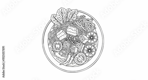 A stylized illustration of a noodle dish with tofu, citrus, and chili peppers