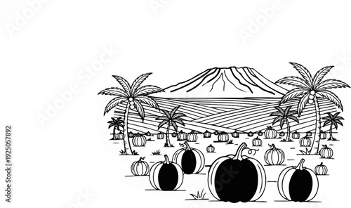 Tropical pumpkin patch with distant volcano and palm trees
