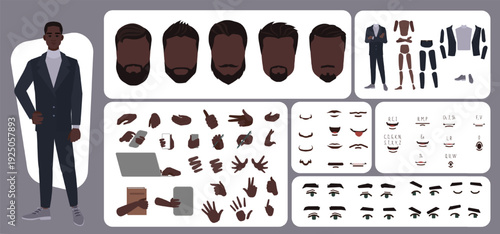 Business man avatar creation suitable for animation. Generator, constructor of diverse views of face, body, hands and leg parts. Male character construction for comfortable fast motion design.