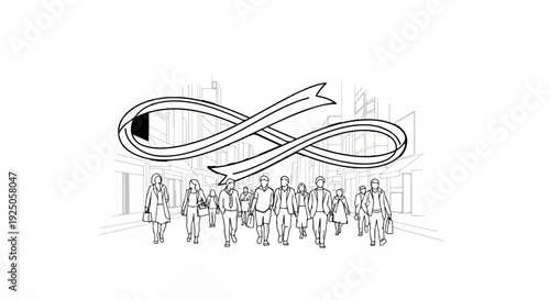 Stylized infinity symbol above a crowd of people on a city street