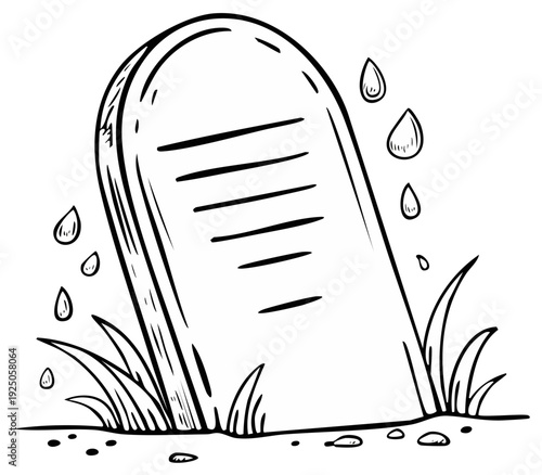 Cartoon Gravemarker with Water Droplets and Grass Outlined Against Empty White Space