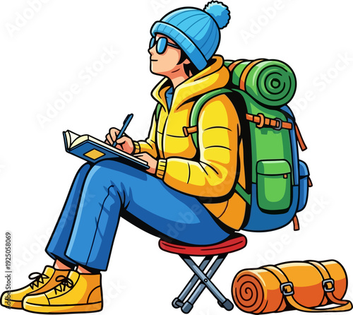 Reflective adventurer sitting on a stool and writing in a travel journal while surrounded by camping gear illustration