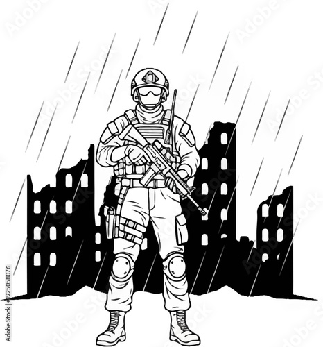 Soldier in tactical gear stands in the rain amidst ruined buildings