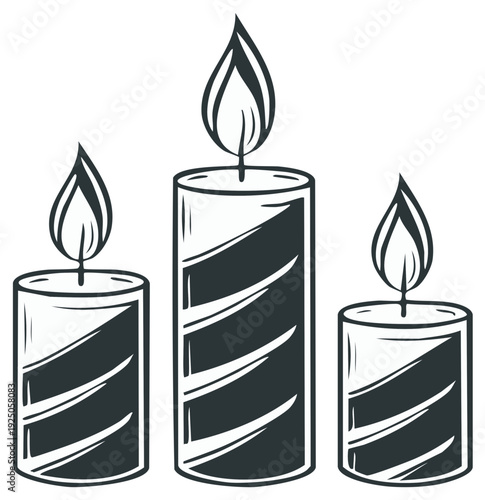 Three lit candles with dark striped patterns and stylized flames in a simple illustration style