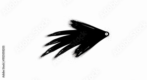 A black abstract brush stroke shape with a single white eye stares forward