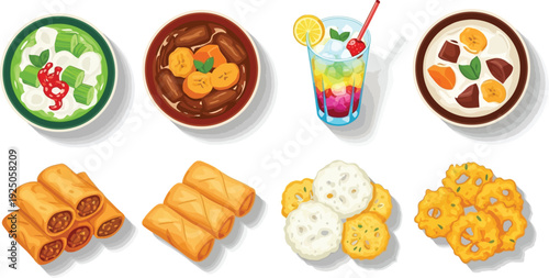 Assorted international cuisine illustrations displayed on a clean white background from a top-down viewpoint