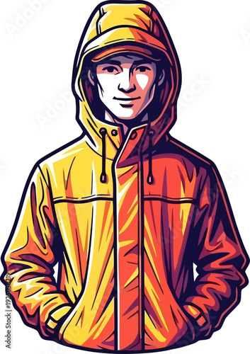 Resilient young man wearing a protective hooded yellow raincoat prepared for a tempestuous outdoor excursion