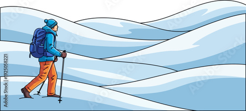 Resilient winter explorer trekking across undulating snow-covered hills with poles and a heavy pack in a clean vector landscape