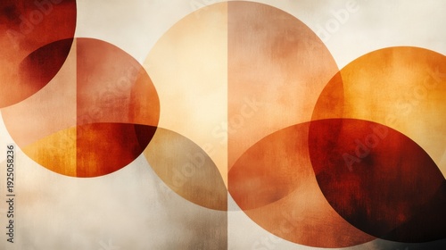 Geometric abstraction featuring overlapping circles and squares with gradients in warm tones on a light background