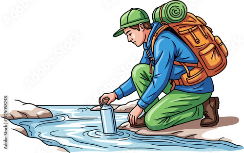 Resourceful explorer kneeling by a pristine mountain stream to refill a metal water bottle during a wilderness trek in a detailed vector illustration