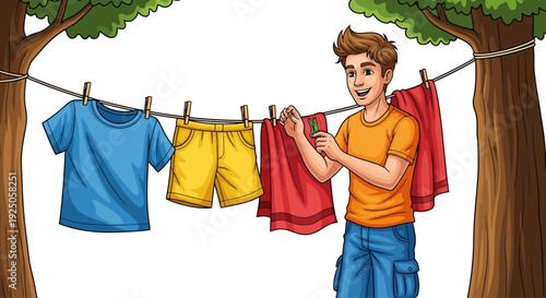 Resourceful camper hanging colorful garments on a makeshift clothesline between two sturdy trees in a lush forest clearing